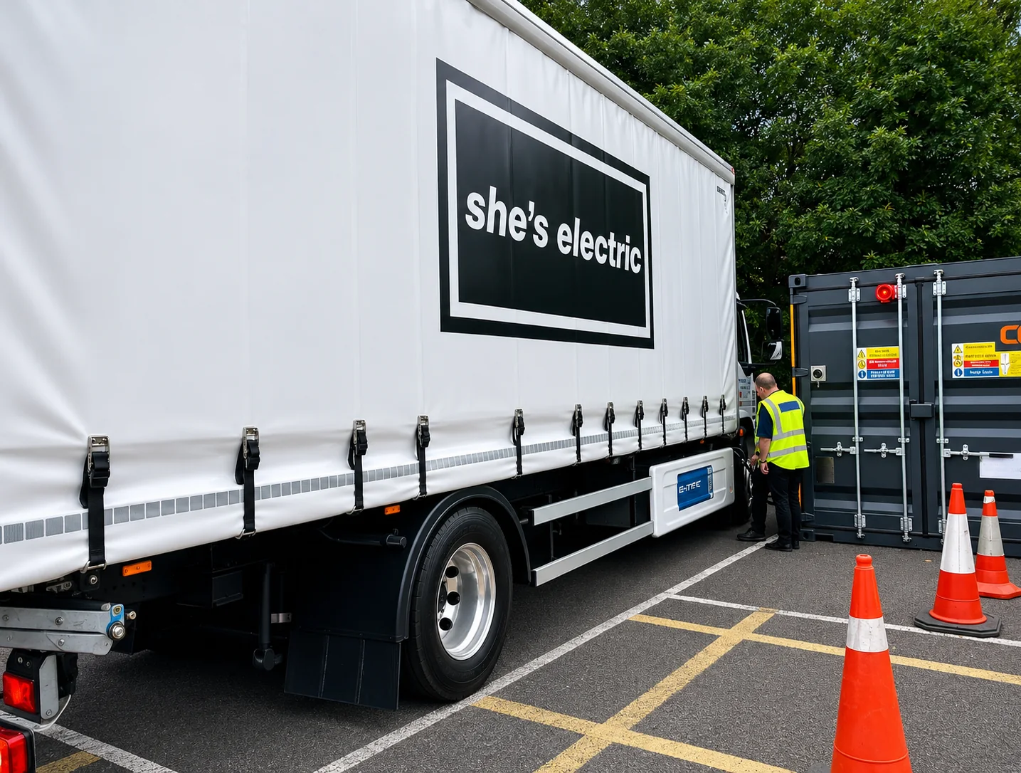 An electric HGV parked alongside the Charge Qube unit while an engineer in a hi-vis vest works at the container